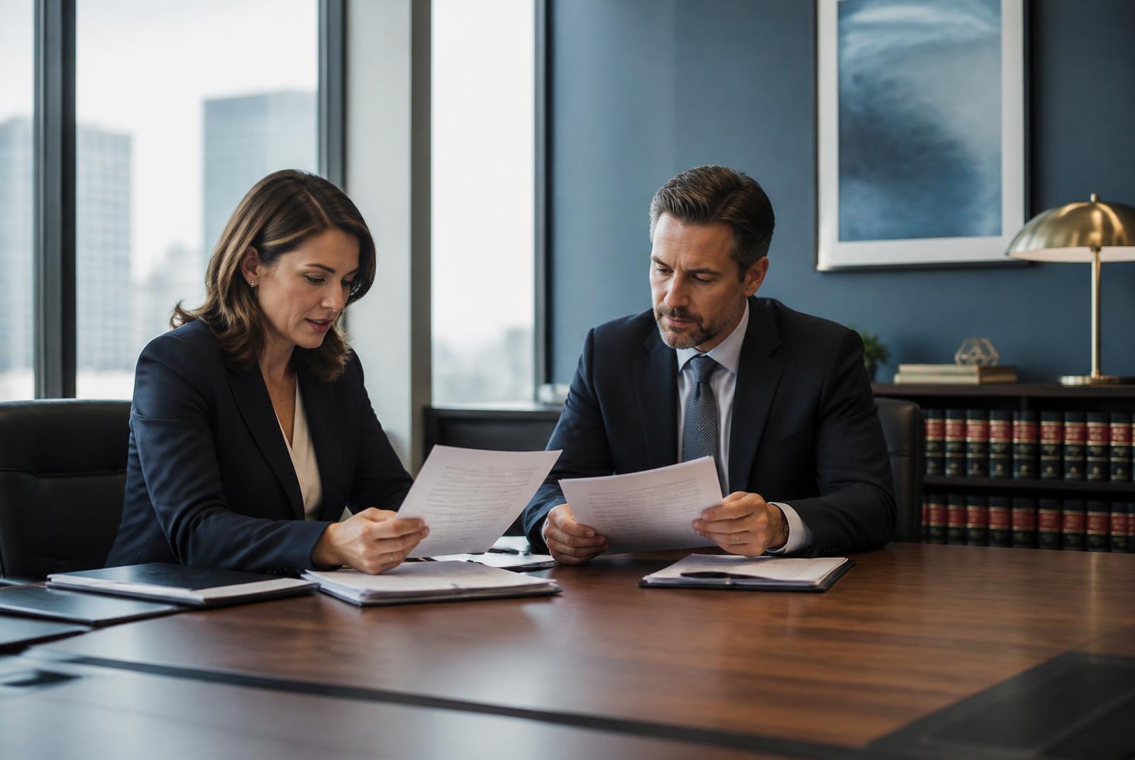 Two lawyers in a corporate meeting room reviewing printed contract documents