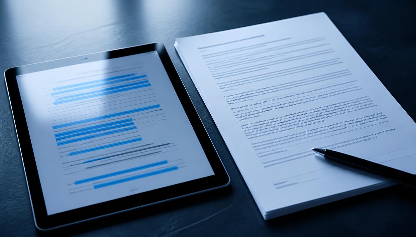 Tablet displaying a highlighted document beside a printed legal agreement on a dark desk