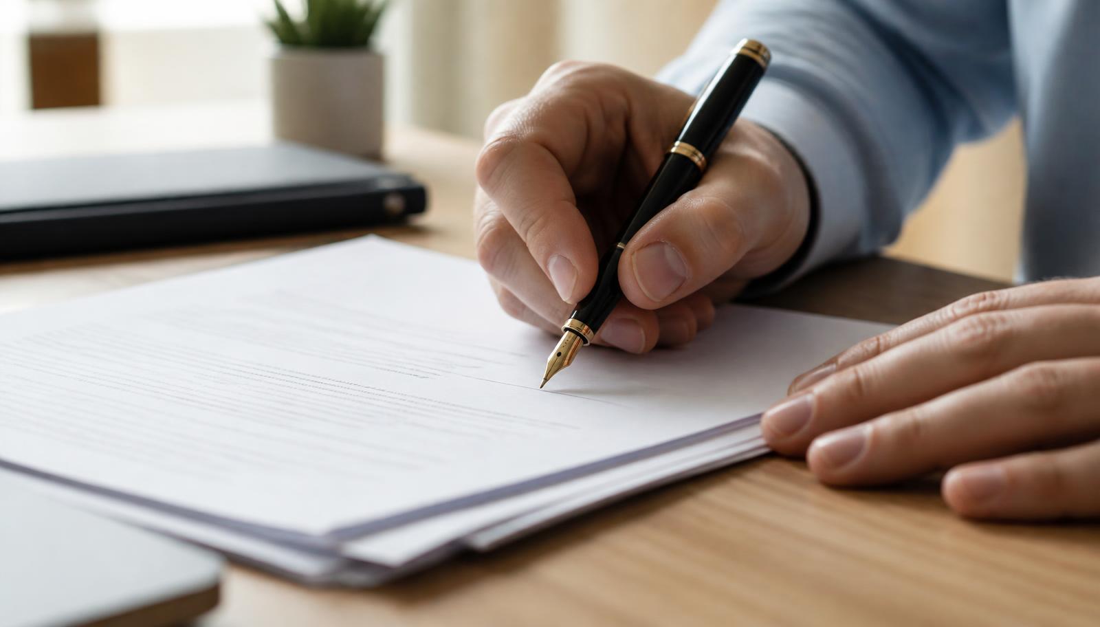 Hands holding a fountain pen above the signature line of a printed contract