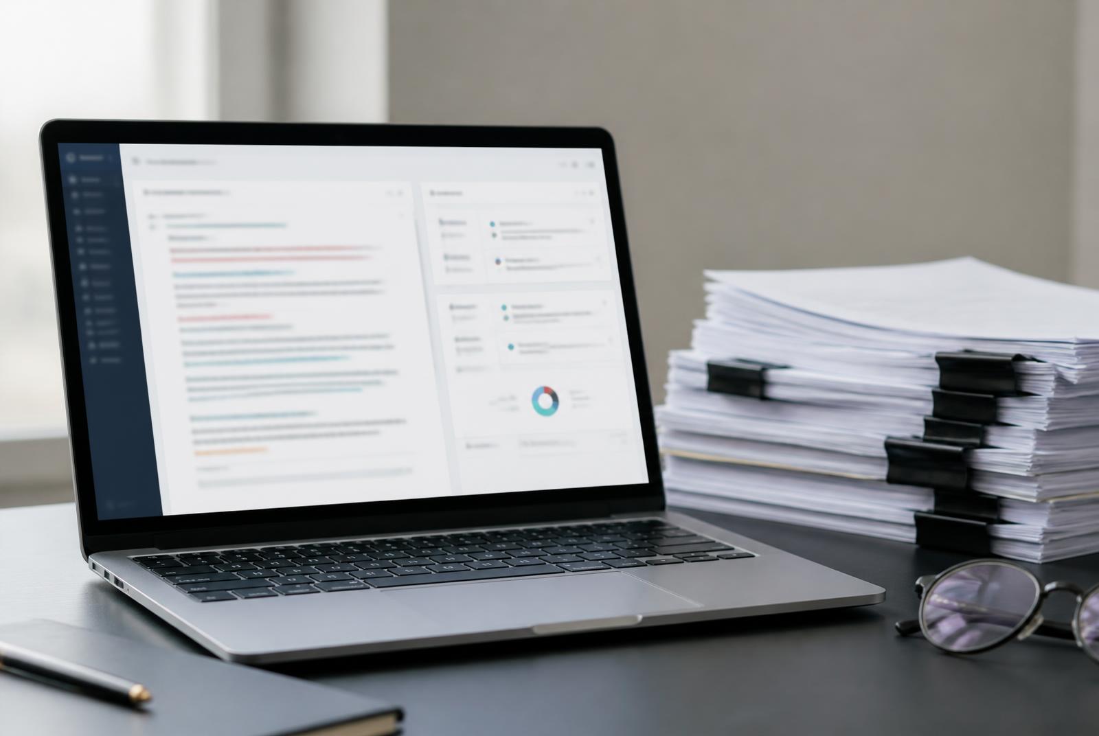 Laptop showing a document review interface beside stacks of printed contracts and reading glasses